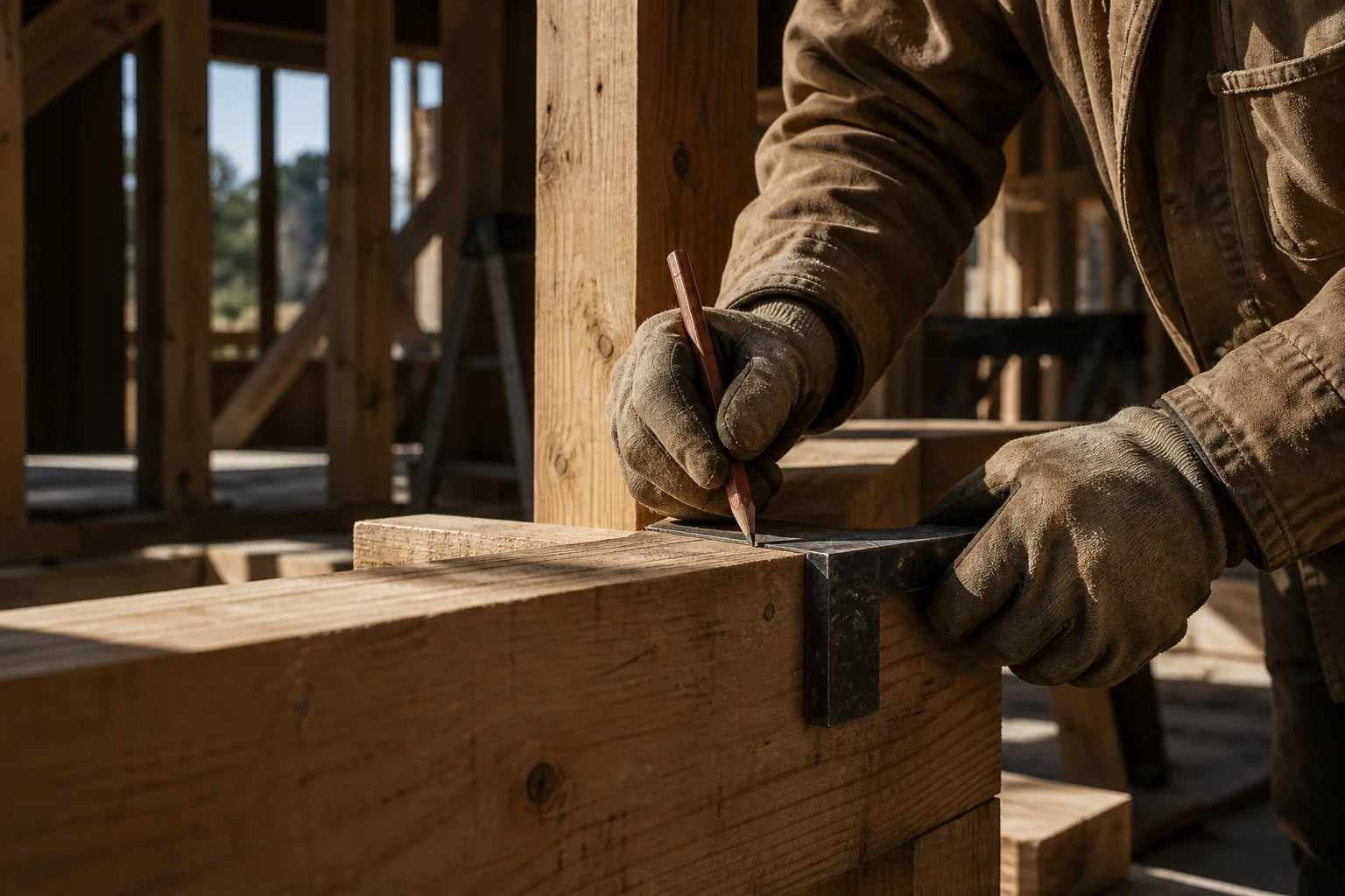 Gloved hands marking a timber joint in a sunlit framed building